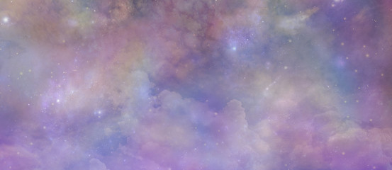 Angelic Ethereal Starry Night Sky Background -  Pink and purple coloured deep space banner background  with many different stars, planets and cloud formations
 - obrazy, fototapety, plakaty