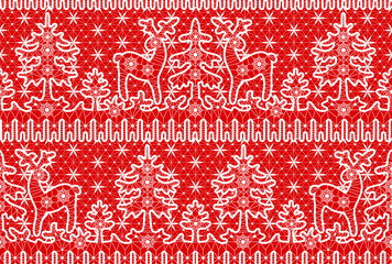 Seamless Christmas pattern. Lace red background wirh deer, fir trees and snowflakes