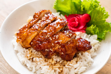 grilled chicken with teriyaki sauce on topped rice