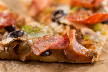 Close up Italian pizza about cheese it stick.