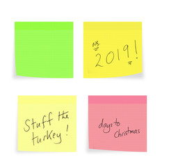 Christmas, New Year reminders, handwriting on sticky notes, on white. Stuff turkey, shopping days...