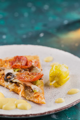 Close up Italian pizza about cheese it stick.