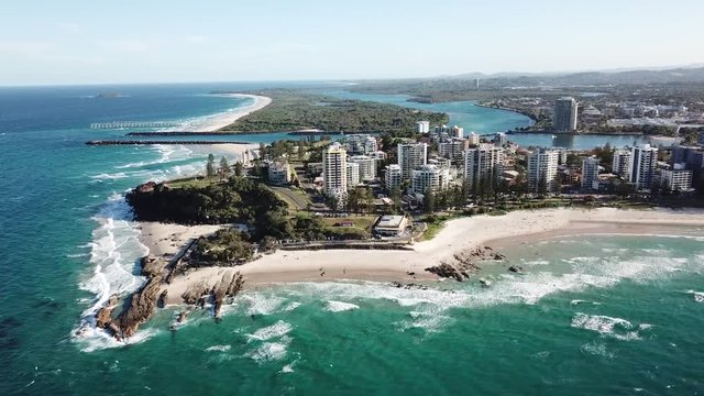 Aerial drone shot of Snapper Rocks beach, in Gold Coast, Australia