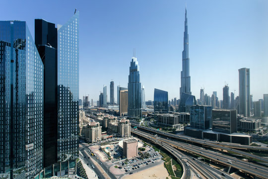 Beautiful aerial view to Dubai downtown city center skyline in the daytime, United Arab Emirates