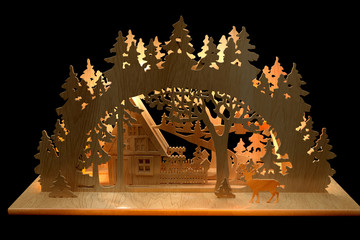 3d rendering wooden candle stand tradition new year's christmas tree house deer wood carving