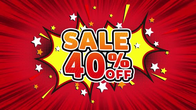 Sale 40% Off Word Retro Cartoon Comic Bubbles Popup Style illustration. Colored Bomb Strip Dotted and red Speed Radial line Seamless loop. black green screen 4k doodle background