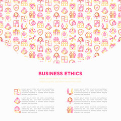 Business ethics concept with thin line icons: union, trust, honesty, responsibility, justice, commitment, no to racism, recruitment service, teamwork. Vector illustration, print media template.
