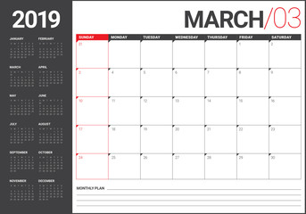 March 2019 desk calendar vector illustration