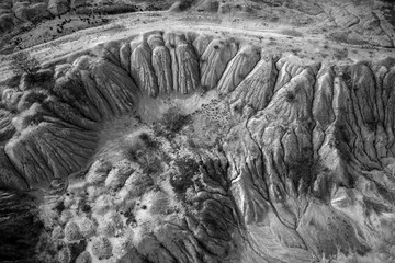 Monochrome aerial view of abandoned mine