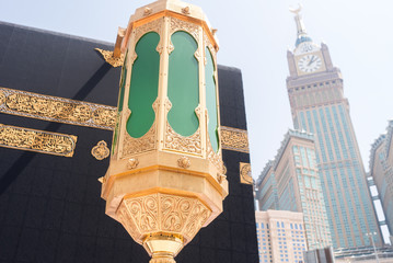 MECCA, SAUDI ARABIA - MAY 02 2018: The Holy Kaaba is the center of Islam inside Masjid Al Haram in Mecca. Covered with black silk cloth Kiswah with golden calligraphy in Arabic.