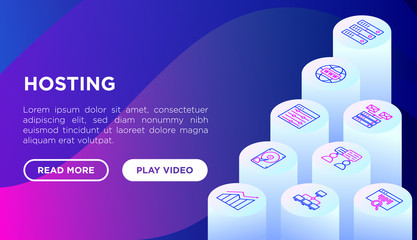 Hosting concept with thin line isometric icons: VPS, customer support, domain name,, control panel, secure server, local network. Modern vector illustration, web page template.