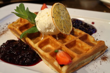 Waffles with ice cream and jam