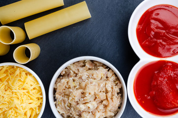 Ingredients for Baked cheese and chicken stuffed with pasta, copy space for text.