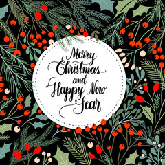Christmas card design with decorative frame, seasonal plants and hand lettering