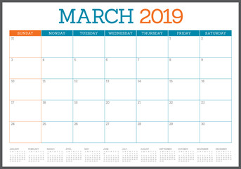 March 2019 desk calendar vector illustration