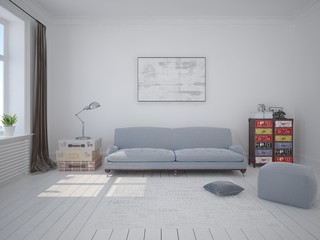 Mock up living room in a Scandinavian style with a classic sofa and a white background.