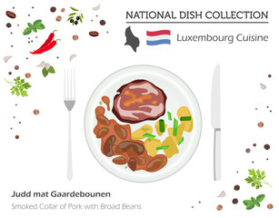 Luxembourg Cuisine. European national dish collection. Smoked collar of pork with broad of beans isolated on white, infographic