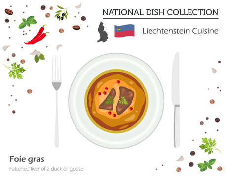 Liechtenstein Cuisine. European national dish collection. Foie gras isolated on white, infographic
