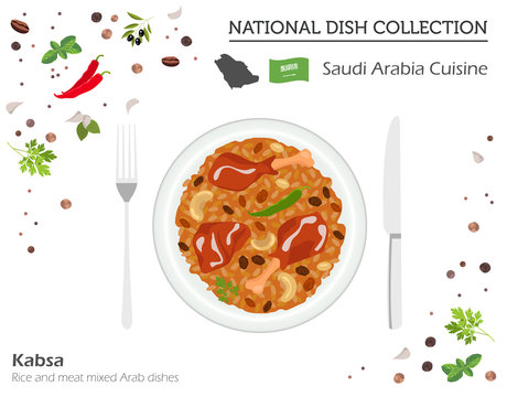 Saudi Arabia Cuisine. Middle East national dish collection.  Kabsa isolated on white, infograpic
