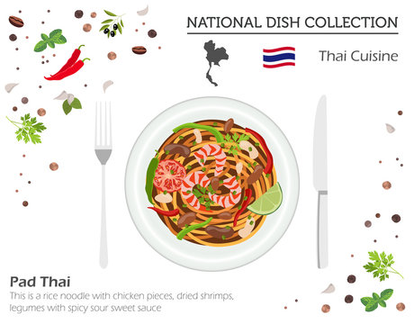 Thai Cuisine. Asian national dish collection. Pad thai  isolated on white, infograpic