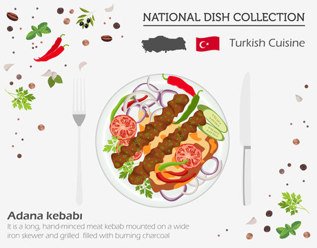 Turkish Cuisine. Middle East national dish collection.  Adana kebabi isolated on white, infograpic