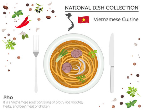 Vietnamese Cuisine. Asian national dish collection. Pho soup isolated on white, infograpic