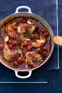 Coq au vin with cherry tomatoes