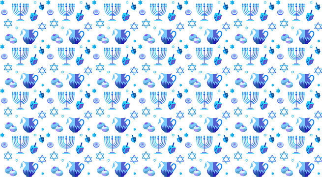 Jewish holiday Hanukkah seamless pattern traditional Chanukah symbols - wooden dreidels (spinning top), Hebrew letters, donuts, menorah candles, star David blue pattern Vector template