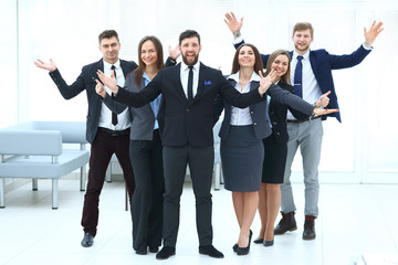 Fototapeta premium portrait of happy business team on office background