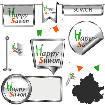 Glossy icons with flag of Suwon, South Korea