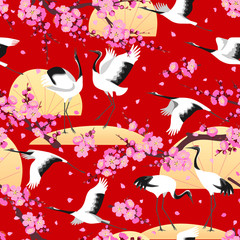 Japanese Cranes and Flowering Branches Pattern