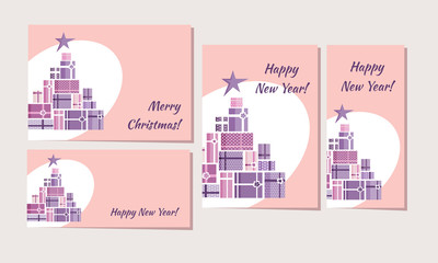 Christmas postcards and banners with pink and violet gifts and stars, Christmas tree silhouette, Colored on white and pink background