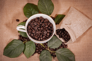 black coffee beans in a sack