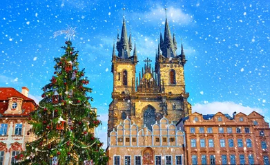 Poster Kerstmis in Praag, Tsjechië. Groene boom in het midden © Yasonya