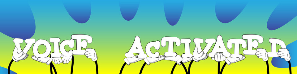 Diverse hands holding letters of the alphabet created the words Voice Activated. Vector illustration.