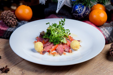 Meat sliced. cold boiled pork, red meat,  New Year's menu