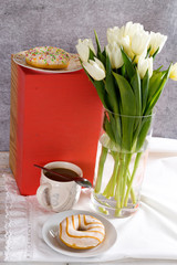 Tulips, cofee and donut