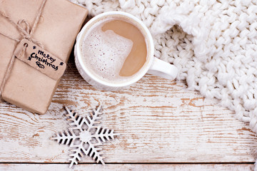 Fototapeta na wymiar Gift, cones, gifts, coffee, cocoa. Christmas, New Year background.