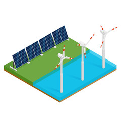 Isometric plant solar panels and offshore wind turbines. Eco renewable electric energy concept.