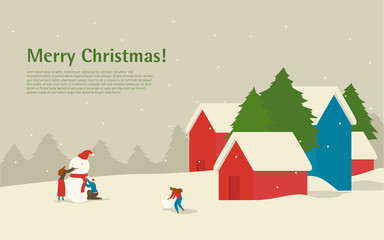 Vector Illustration_Christmas landscape. Family makes a snowman before Christmas.