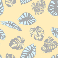 Fototapeta na wymiar Seamless Vector Tropical Pattern in Pastel Color Design. Monstera Palm Leaves and Alocasia. Jungle Foliage with Watercolor Effect. Exotic Hawaiian Fabric Design. Seamless Tropical Background for Print