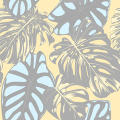 Seamless Vector Tropical Pattern in Pastel Color Design. Monstera Palm Leaves and Alocasia. Jungle Foliage with Watercolor Effect. Exotic Hawaiian Fabric Design. Seamless Tropical Background for Print