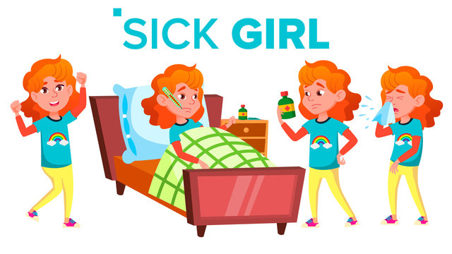 Sick Girl Schoolgirl Vector. Ill Child. Teenage. For Web, Brochure, Poster Design. Isolated Cartoon Illustration - Powered by Adobe