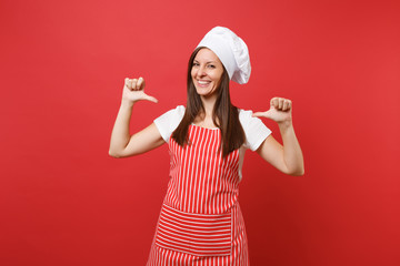 Housewife female chef cook or baker in striped apron white t-shirt toque chefs hat isolated on red...