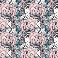 Seamless retro floral pattern. Pink roses on black and white background.