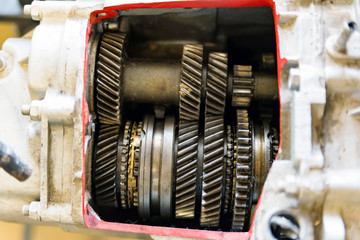 Gear box or transmission with helical gears of modern car in driving school