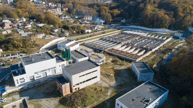 aerial view of modern eco-friendly treatment facilities. engineering infrastructure in the mountains