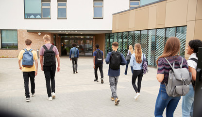 Rear View Of High School Students Walking Into College Building Together - Powered by Adobe