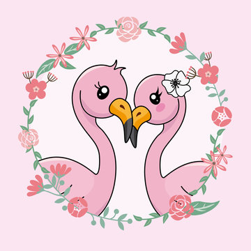 couple of flamingos in love inside flower frame. Valentines card