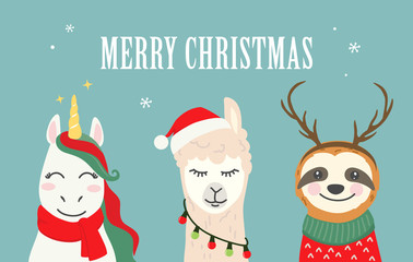 Collection of Christmas cartoon characters. Merry Christmas illustrations of cute unicorn, llama, alpaca, sloth with accessories like Santa hat, sweater, scarf, reindeer antlers © Wink Images